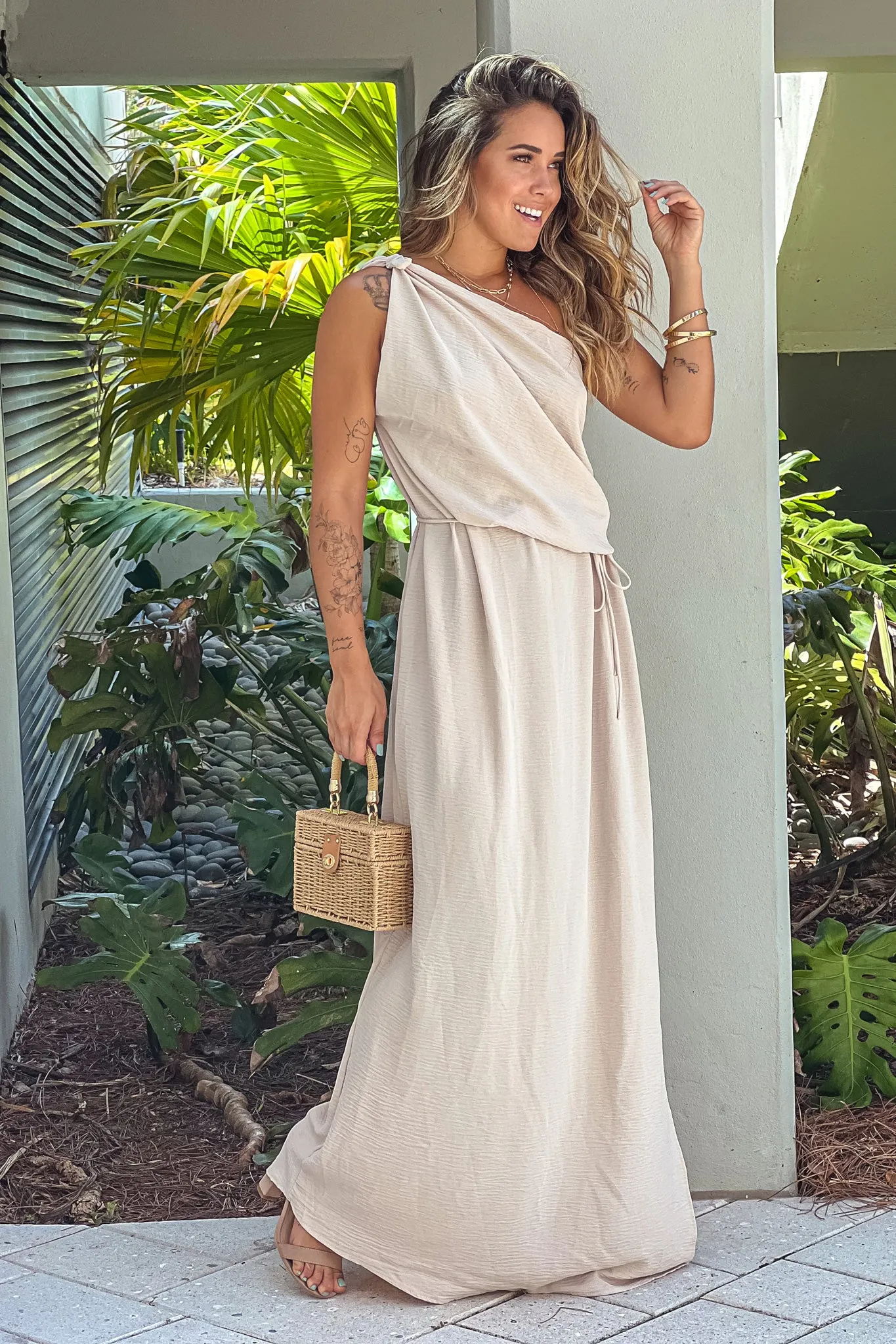 Cream One Shoulder Maxi Dress With Tie Waist