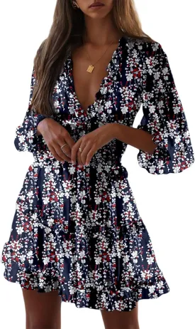 Dokotoo Womens 2025 Spring Summer Deep V Neck Long Sleeve Backless Ruffle Floral Flowy Mini Dress