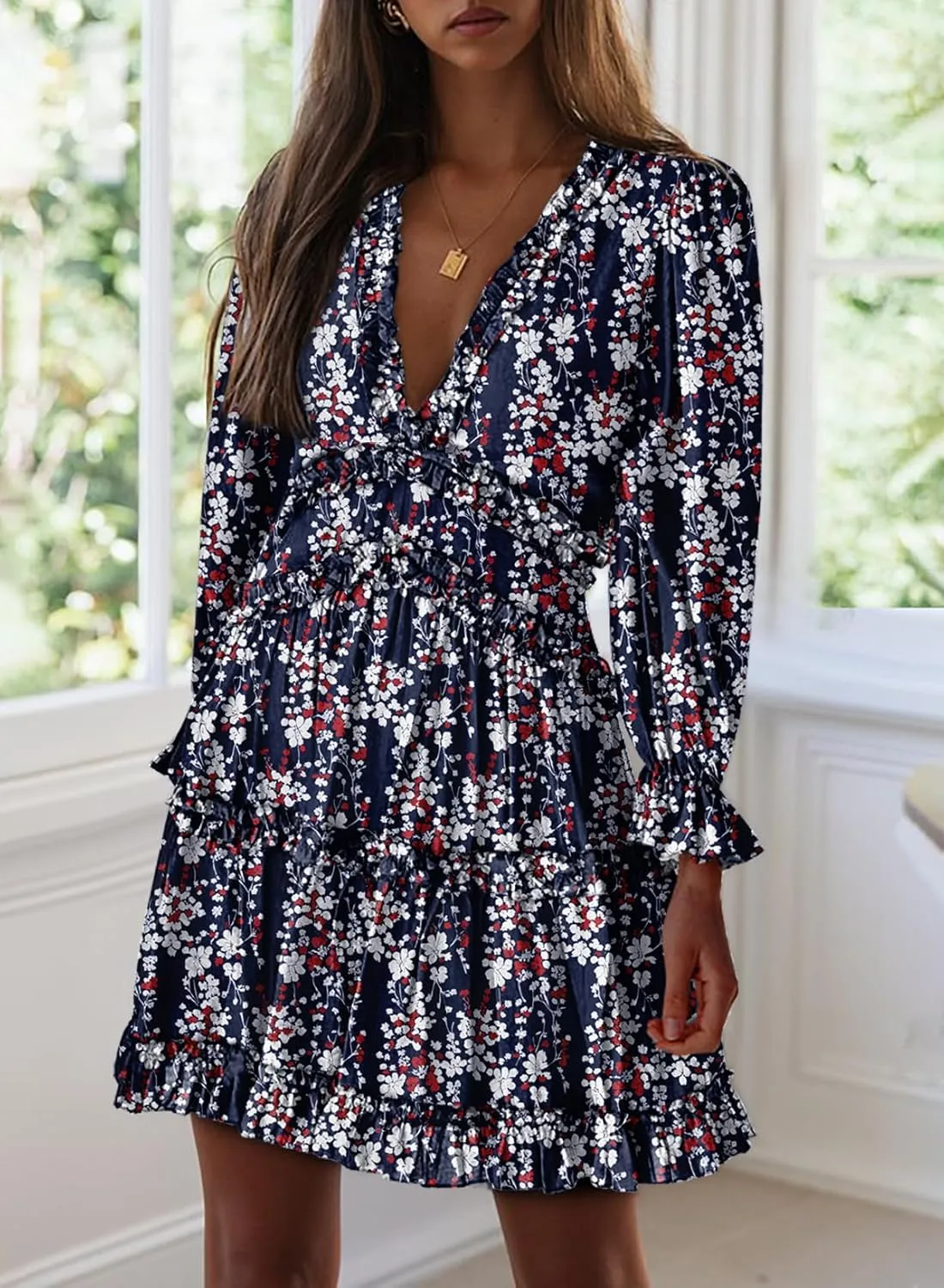 Dokotoo Womens 2025 Spring Summer Deep V Neck Long Sleeve Backless Ruffle Floral Flowy Mini Dress