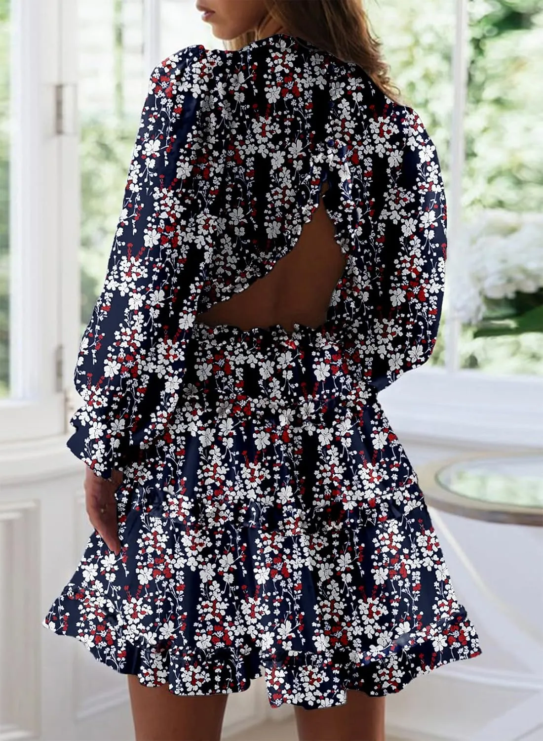 Dokotoo Womens 2025 Spring Summer Deep V Neck Long Sleeve Backless Ruffle Floral Flowy Mini Dress