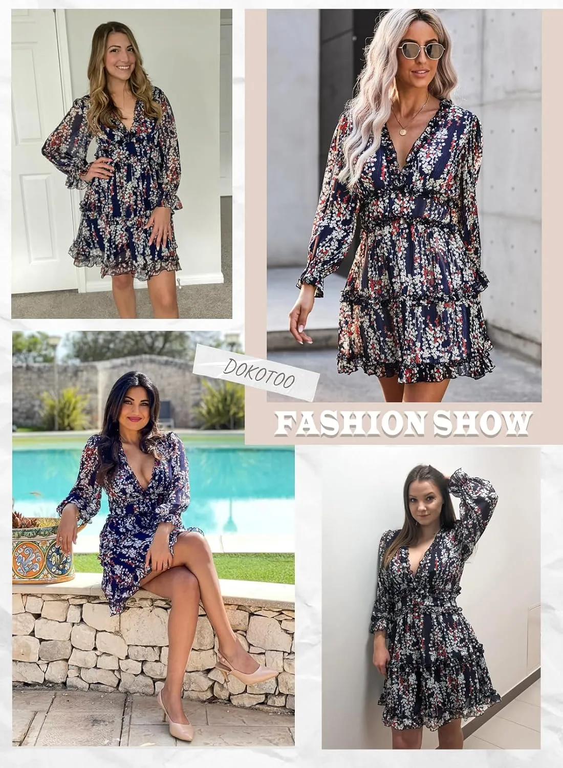 Dokotoo Womens 2025 Spring Summer Deep V Neck Long Sleeve Backless Ruffle Floral Flowy Mini Dress