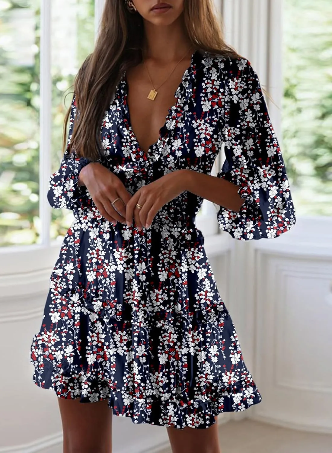 Dokotoo Womens 2025 Spring Summer Deep V Neck Long Sleeve Backless Ruffle Floral Flowy Mini Dress