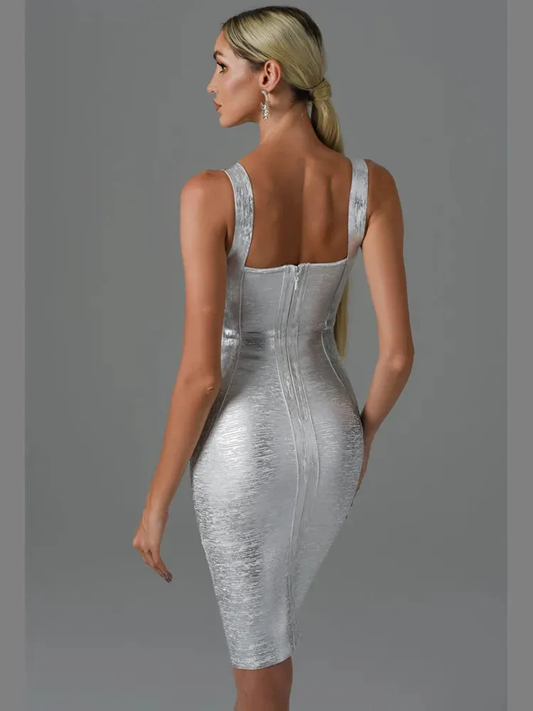 DressBetty - 2024 Summer Sexy Sleeveless Backless Gold Bronzing Midi Bodycon Dress
