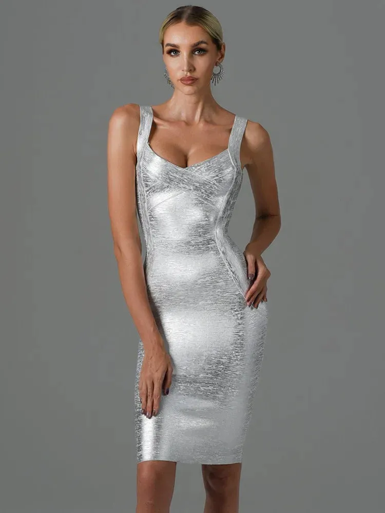 DressBetty - 2024 Summer Sexy Sleeveless Backless Gold Bronzing Midi Bodycon Dress