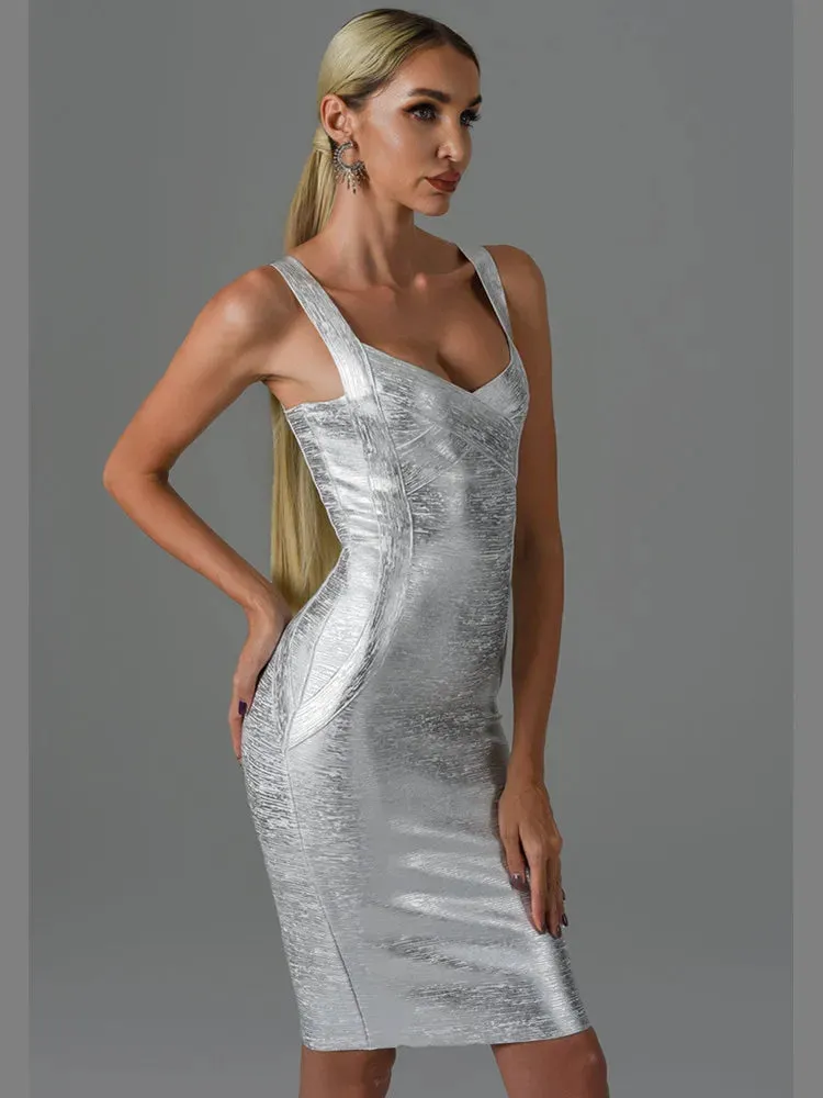 DressBetty - 2024 Summer Sexy Sleeveless Backless Gold Bronzing Midi Bodycon Dress