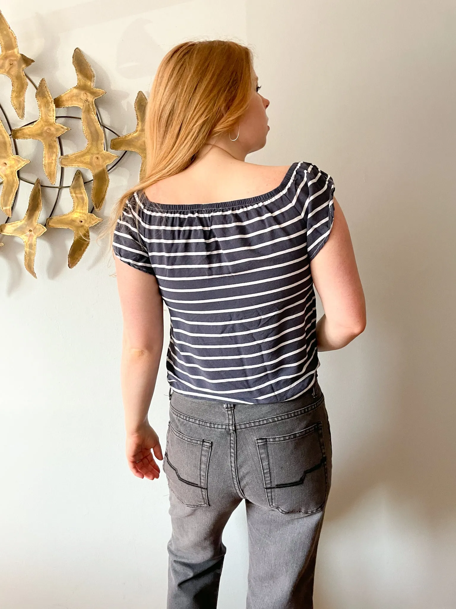 Dynamite Grey Blue Stripe Square Neck Off The Shoulder Top - XS/S