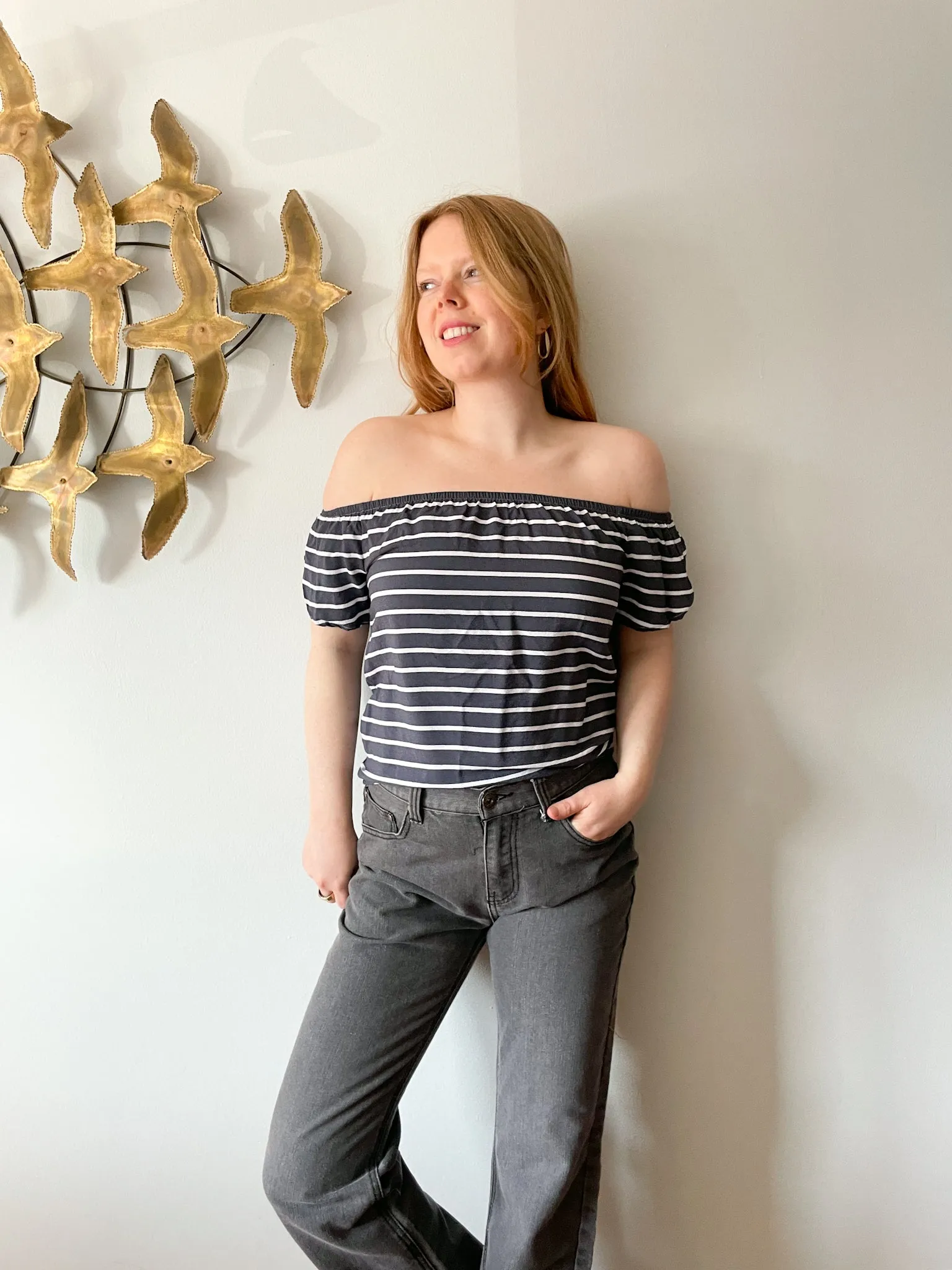 Dynamite Grey Blue Stripe Square Neck Off The Shoulder Top - XS/S