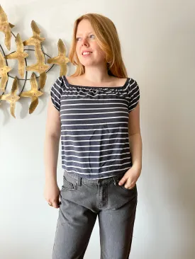 Dynamite Grey Blue Stripe Square Neck Off The Shoulder Top - XS/S
