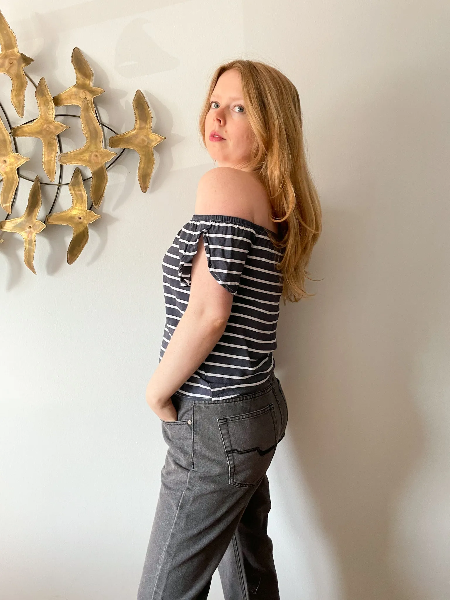 Dynamite Grey Blue Stripe Square Neck Off The Shoulder Top - XS/S