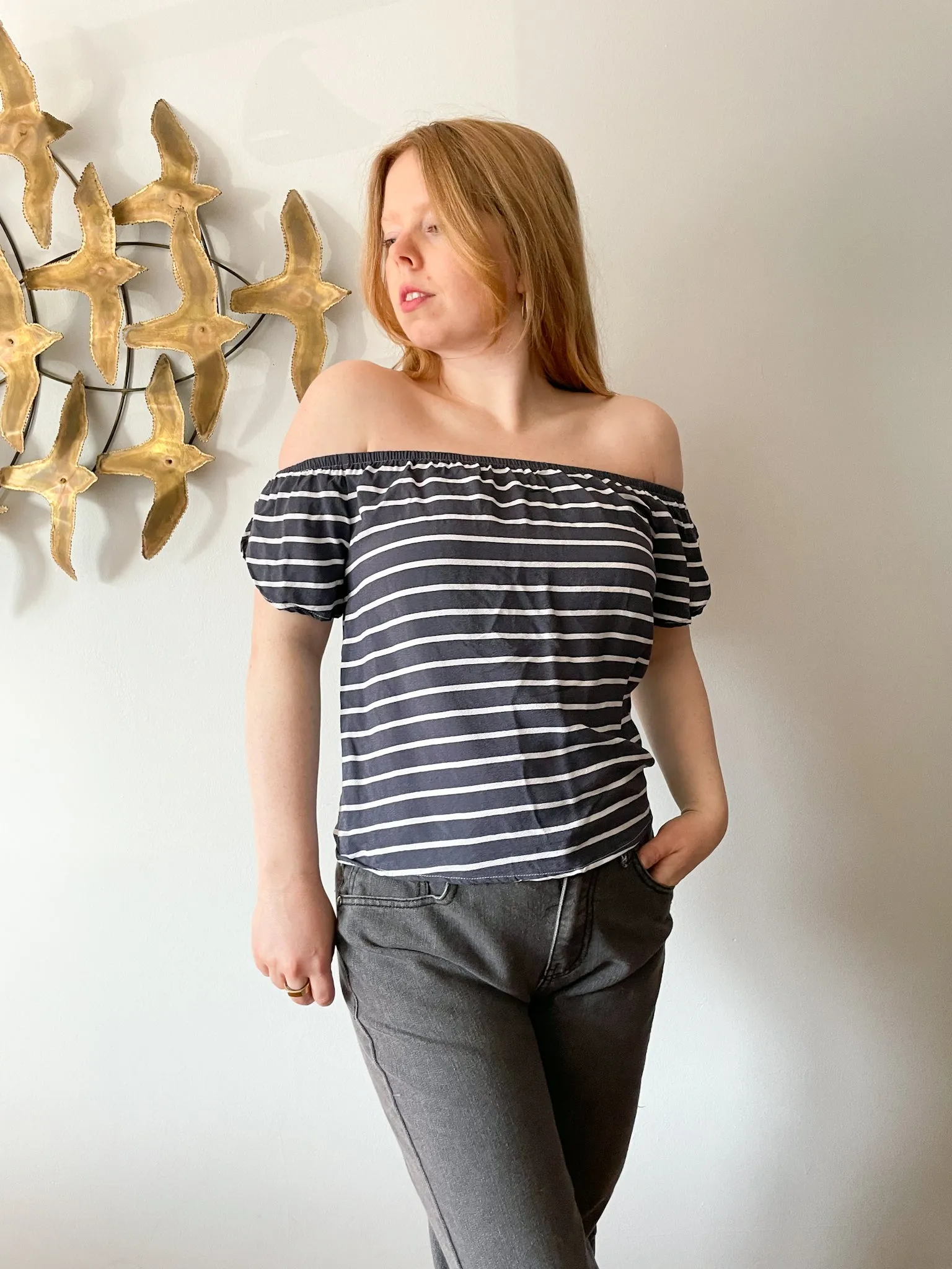 Dynamite Grey Blue Stripe Square Neck Off The Shoulder Top - XS/S
