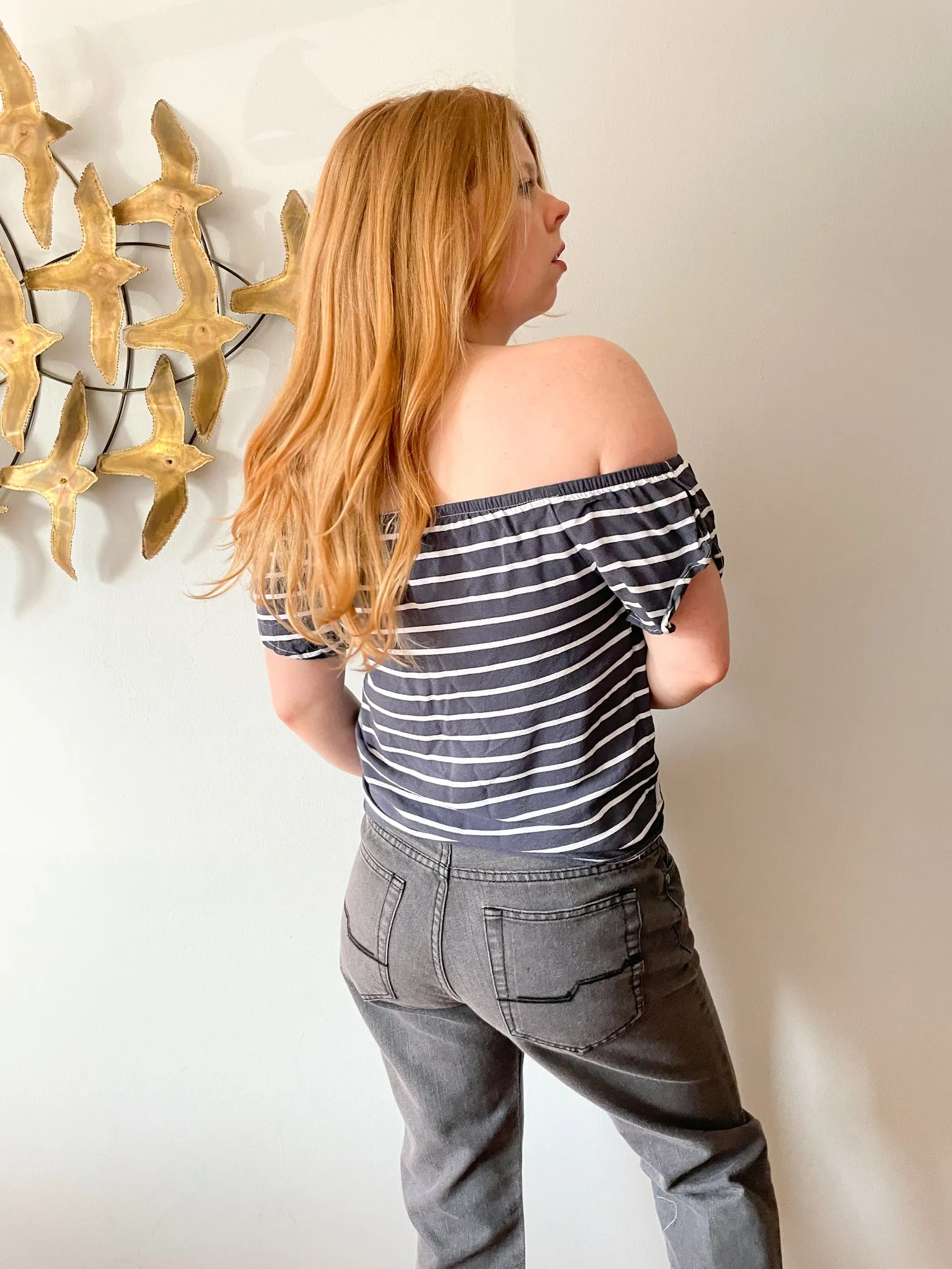 Dynamite Grey Blue Stripe Square Neck Off The Shoulder Top - XS/S