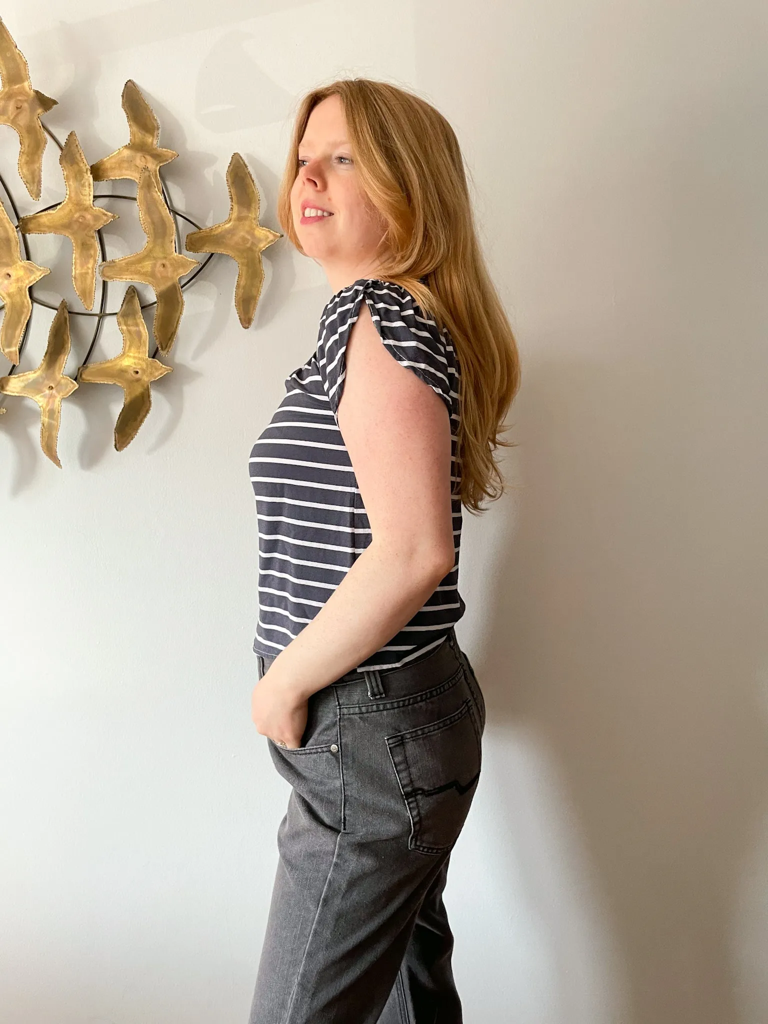 Dynamite Grey Blue Stripe Square Neck Off The Shoulder Top - XS/S