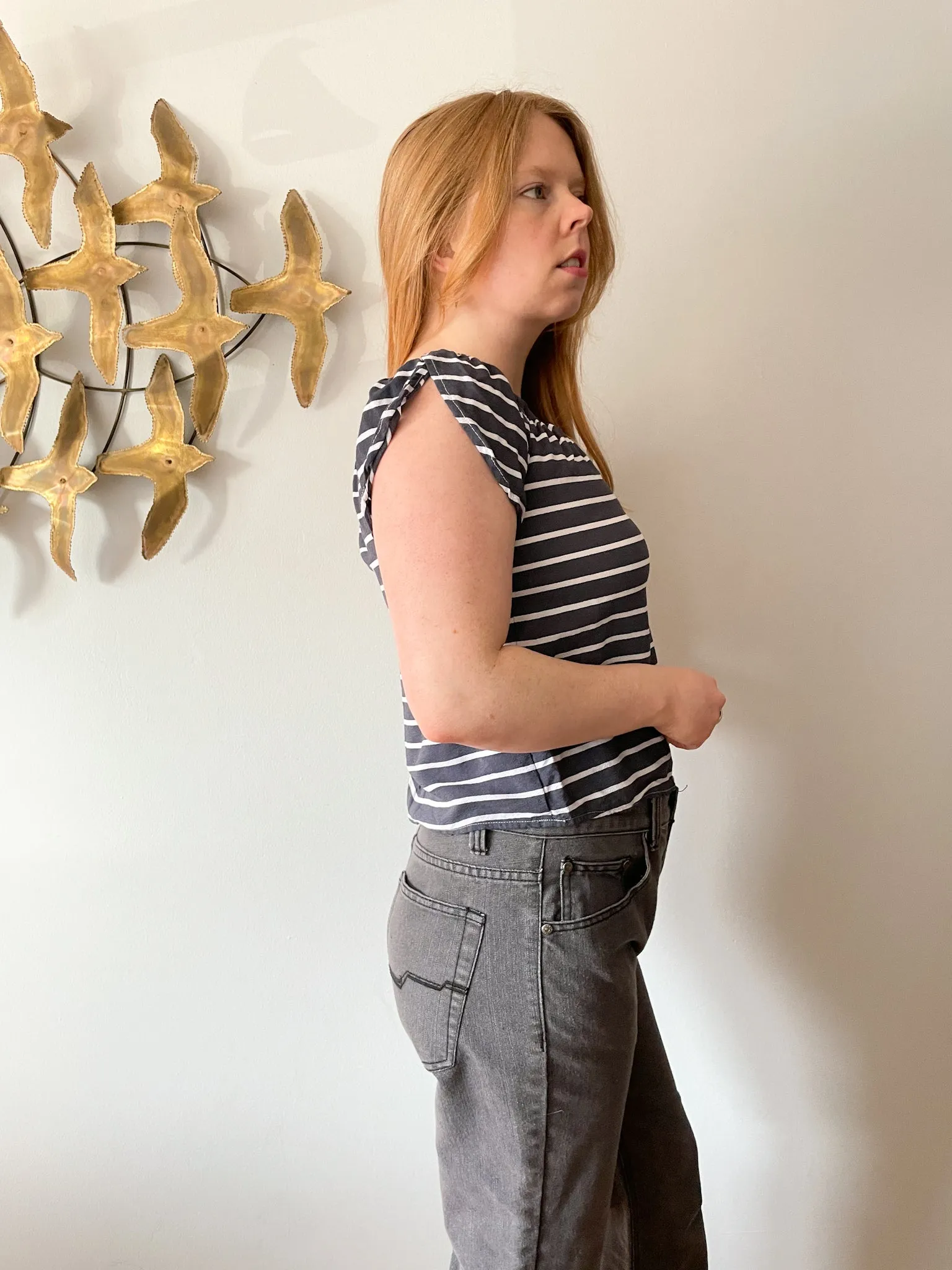 Dynamite Grey Blue Stripe Square Neck Off The Shoulder Top - XS/S