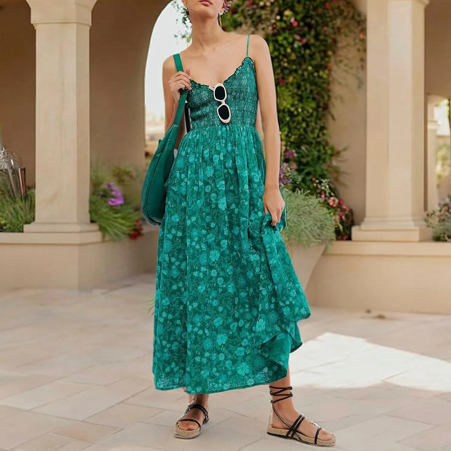 FEORJGP Womens Summer Boho Low Cut Backless Bodycon Midi Dress