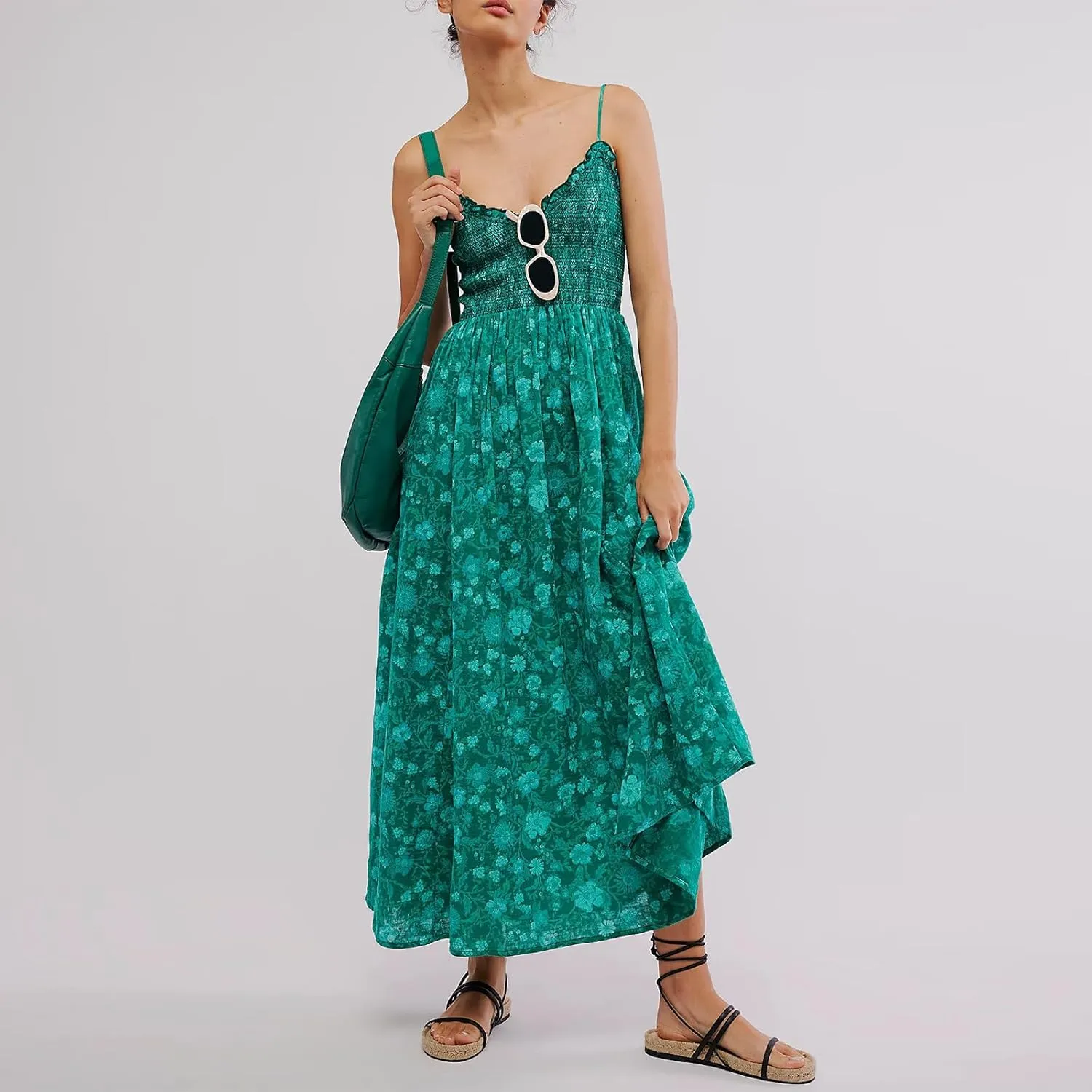 FEORJGP Womens Summer Boho Low Cut Backless Bodycon Midi Dress