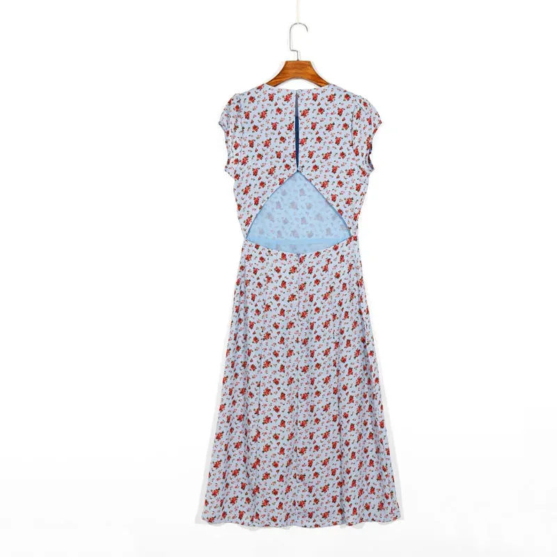 Girlary Women Summer Sexy Backless Midi Dress Vintage Print Floral Split Boho Dress Casual Holiday Lady Beach Party Vestidos