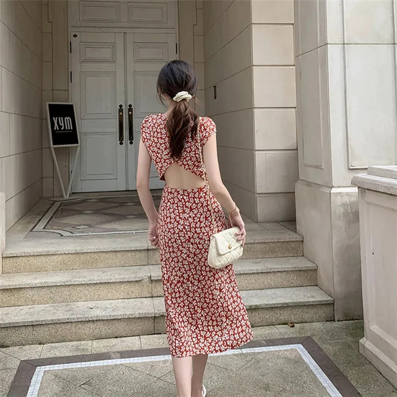 Girlary Women Summer Sexy Backless Midi Dress Vintage Print Floral Split Boho Dress Casual Holiday Lady Beach Party Vestidos
