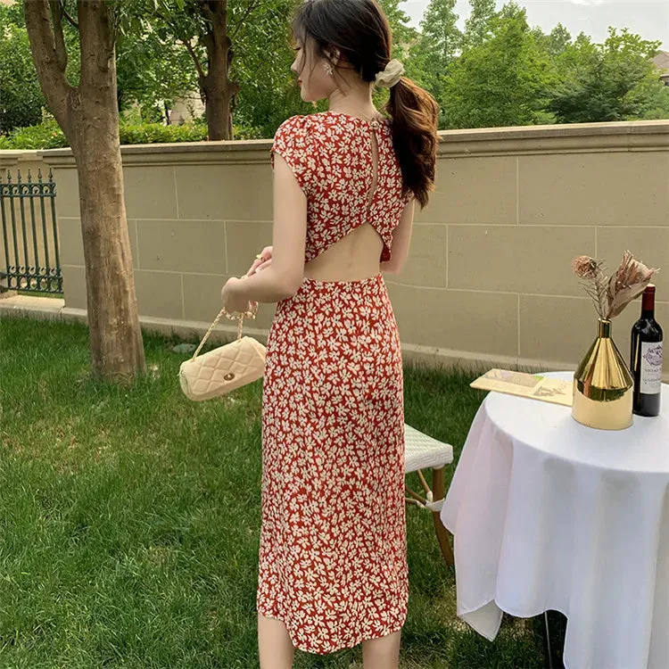 Girlary Women Summer Sexy Backless Midi Dress Vintage Print Floral Split Boho Dress Casual Holiday Lady Beach Party Vestidos