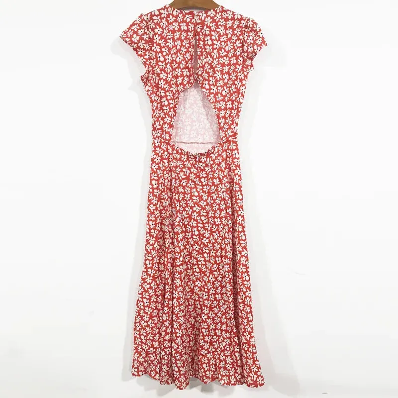 Girlary Women Summer Sexy Backless Midi Dress Vintage Print Floral Split Boho Dress Casual Holiday Lady Beach Party Vestidos