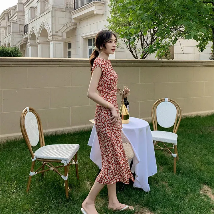 Girlary Women Summer Sexy Backless Midi Dress Vintage Print Floral Split Boho Dress Casual Holiday Lady Beach Party Vestidos