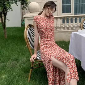 Girlary Women Summer Sexy Backless Midi Dress Vintage Print Floral Split Boho Dress Casual Holiday Lady Beach Party Vestidos