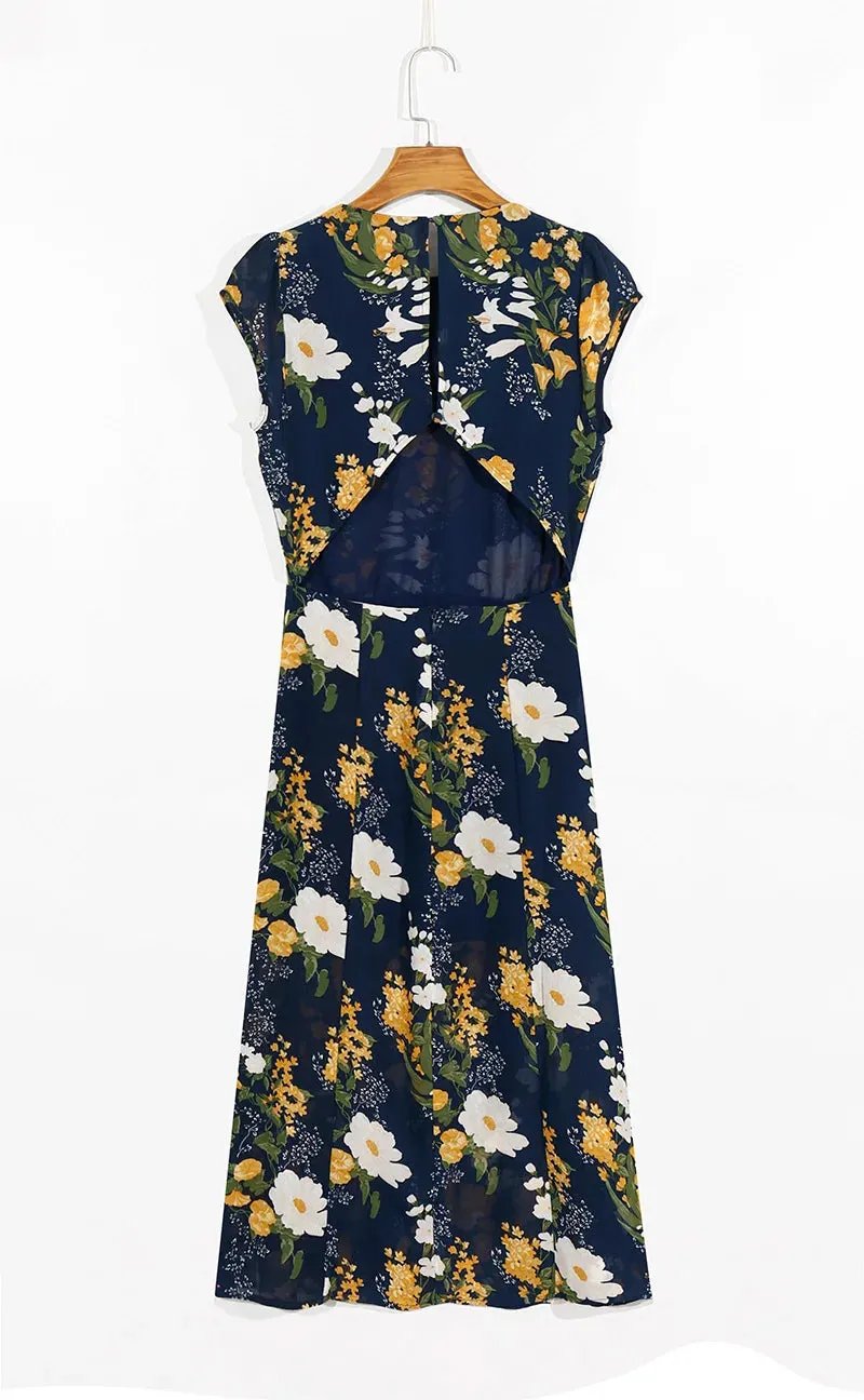 Girlary Women Summer Sexy Backless Midi Dress Vintage Print Floral Split Boho Dress Casual Holiday Lady Beach Party Vestidos