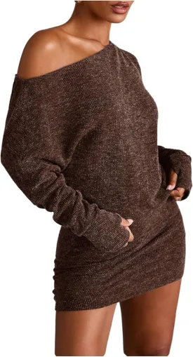 GORGLITTER Women's Off The Shoulder Sweater Dress Long Sleeve Asymmetrical Bodycon Mini Dresses