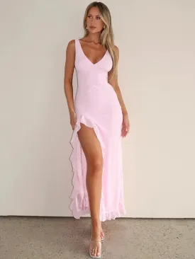 Hnzxzm Elegant Sleeveless Ruffles Sexy Long Dress For Women Summer New Deep V Neck Backless Thigh High Split Maxi Dress