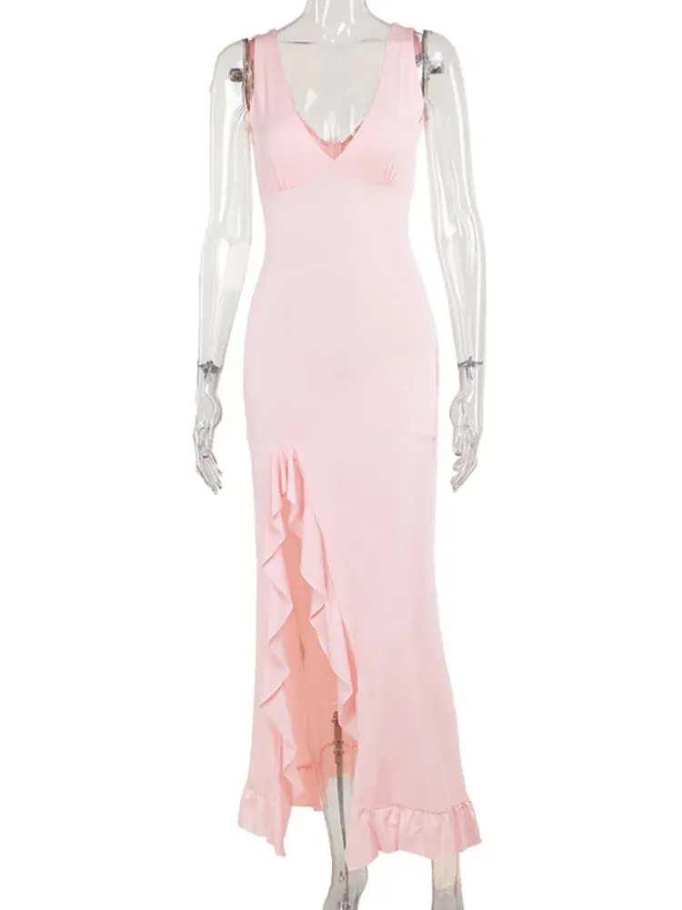 Hnzxzm Elegant Sleeveless Ruffles Sexy Long Dress For Women Summer New Deep V Neck Backless Thigh High Split Maxi Dress