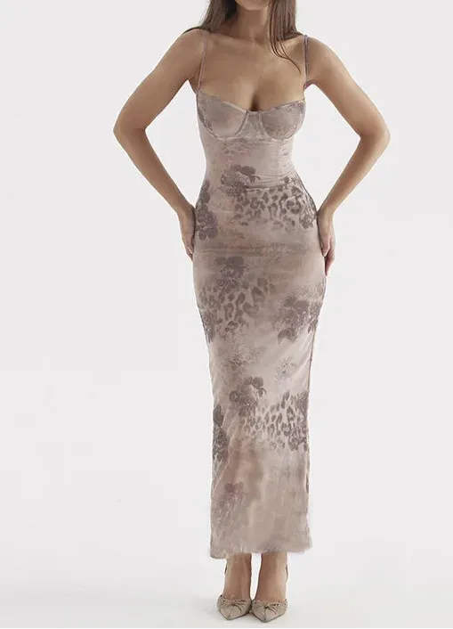 Hnzxzm Female Slim Fit High Waist Long Dress Summer Sexy Sleeveless Floral Print Backless Strap Evening Dress Elegant Club Clothing