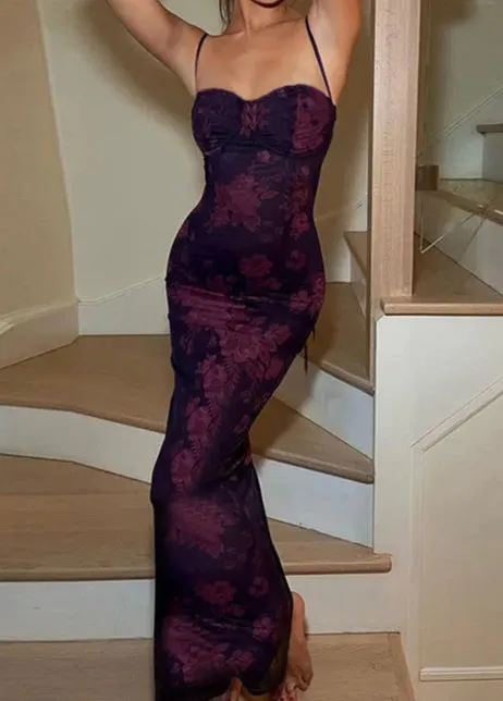 Hnzxzm Female Slim Fit High Waist Long Dress Summer Sexy Sleeveless Floral Print Backless Strap Evening Dress Elegant Club Clothing