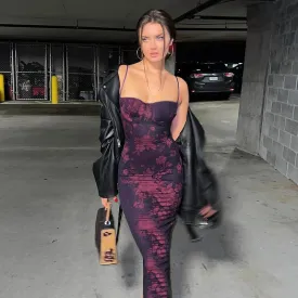 Hnzxzm Female Slim Fit High Waist Long Dress Summer Sexy Sleeveless Floral Print Backless Strap Evening Dress Elegant Club Clothing