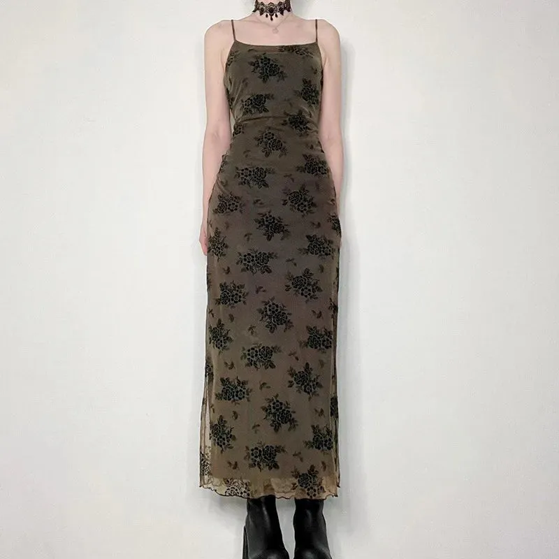 Hnzxzm Gothic Black Sexy Dress Women Summer Floral Print Streetwear Sleeveless Mesh Patchwork Dress Elegant Party Club Lolita Dresses