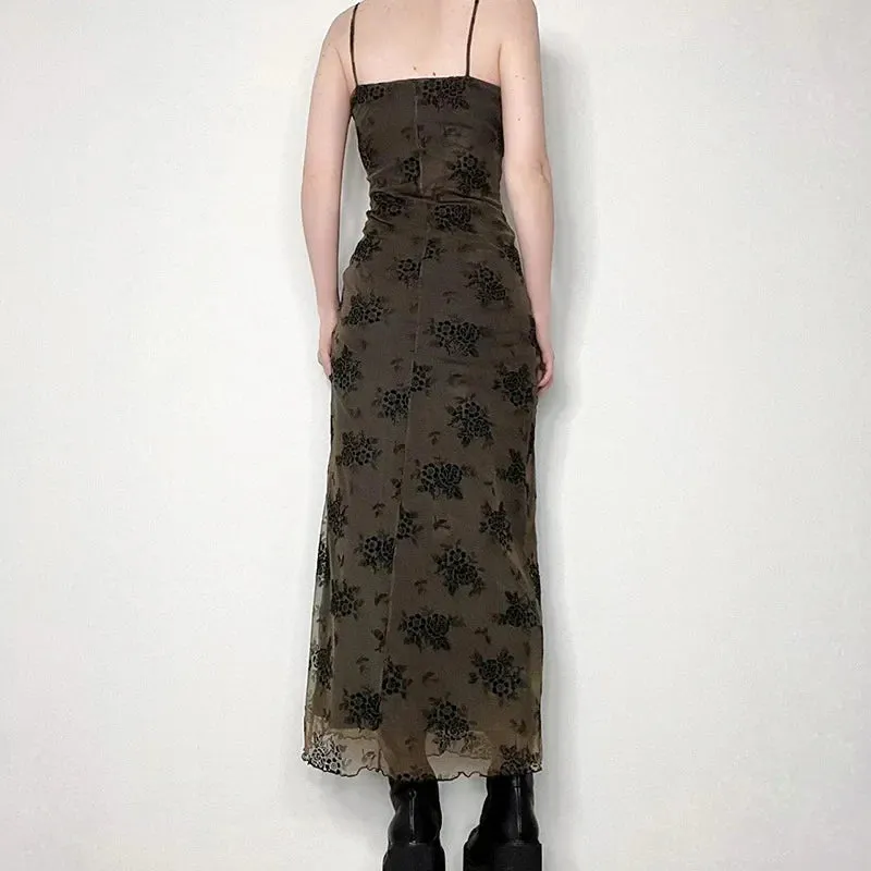 Hnzxzm Gothic Black Sexy Dress Women Summer Floral Print Streetwear Sleeveless Mesh Patchwork Dress Elegant Party Club Lolita Dresses