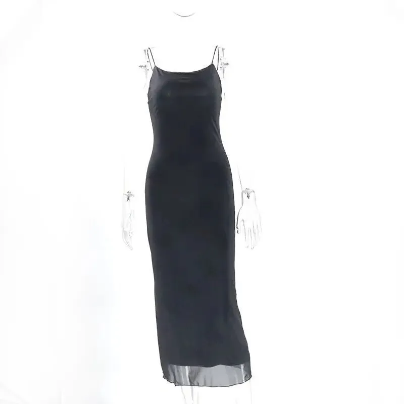 Hnzxzm Gothic Black Sexy Dress Women Summer Floral Print Streetwear Sleeveless Mesh Patchwork Dress Elegant Party Club Lolita Dresses