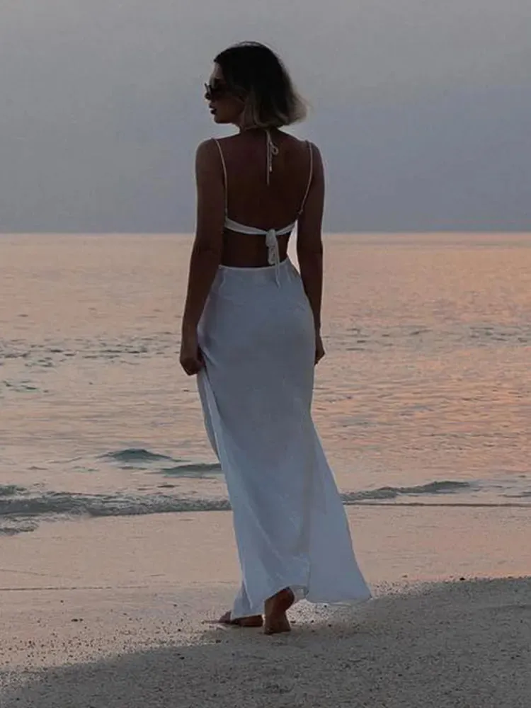 Hnzxzm Women Chic Sleeveless Hollow Out Maxi Dress Sexy Lace Up Sling Backless Slim Vestidos Elegant Beach Evening Party Robe 2024