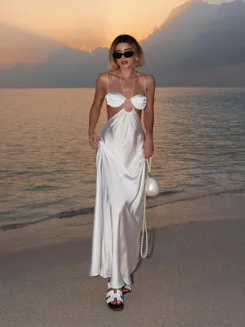 Hnzxzm Women Chic Sleeveless Hollow Out Maxi Dress Sexy Lace Up Sling Backless Slim Vestidos Elegant Beach Evening Party Robe 2024