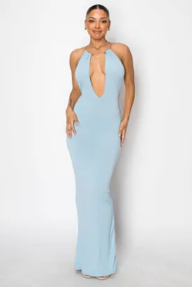 Hot Girl Amaya Extreme Plunge Halter Neck Maxi Dress In Sky Blue