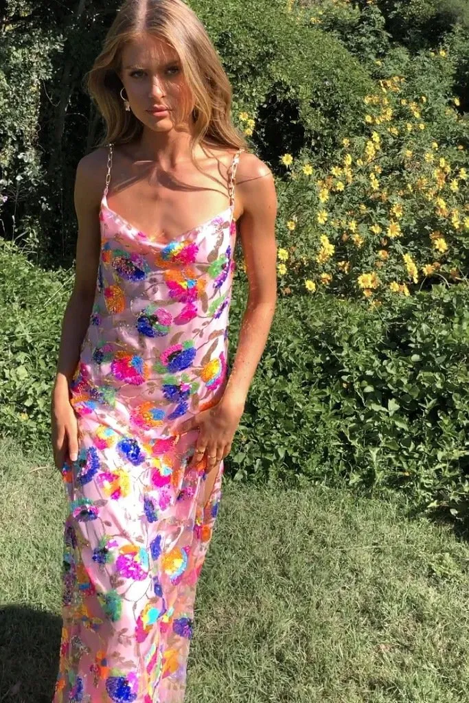 Julianna - Embroidered Sequin Backless Maxi Dress