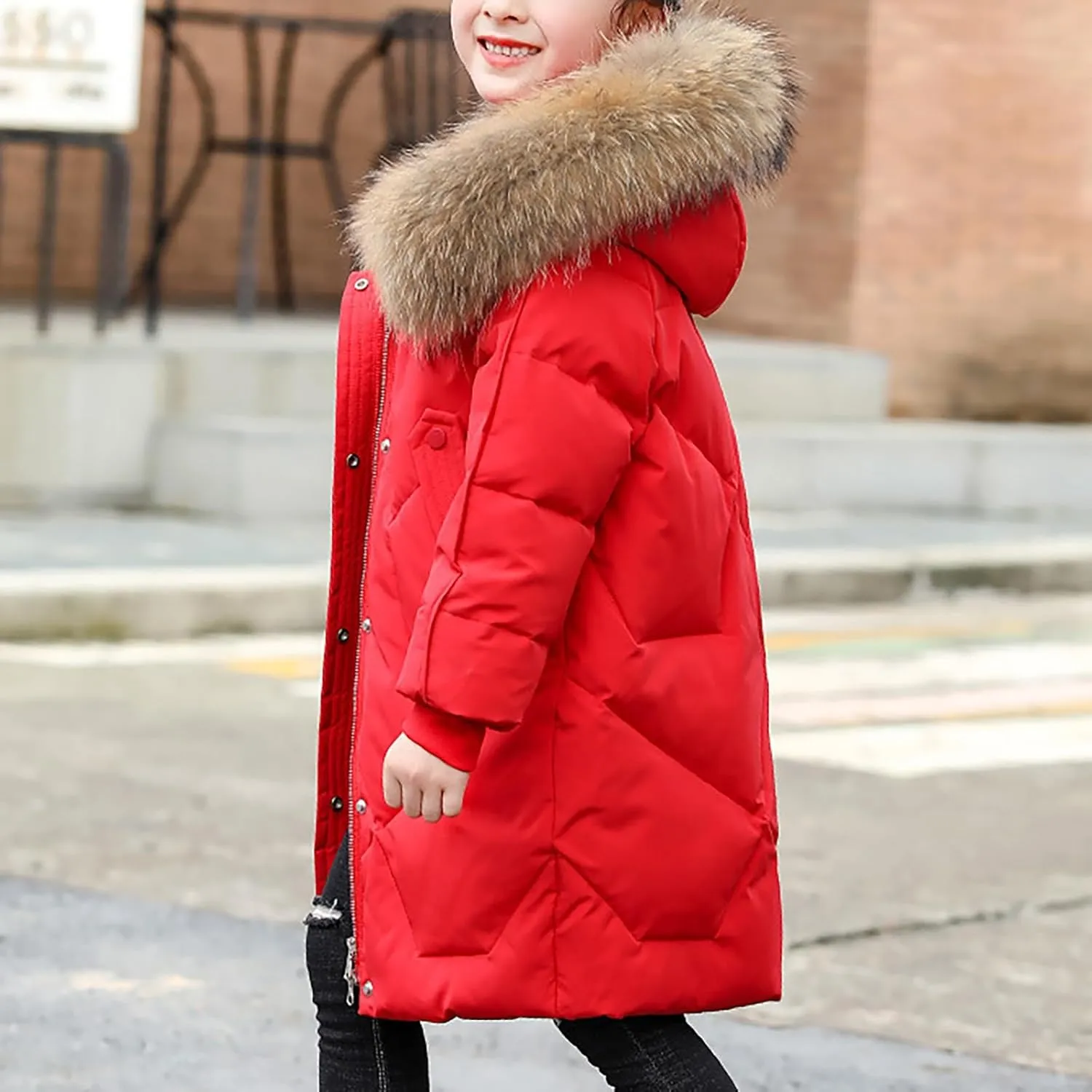 Kids Winter Coat Boys Girls Warm Down Puffer Jacket with Furry Hood Parka Padded Jacket Windproof Outerwear