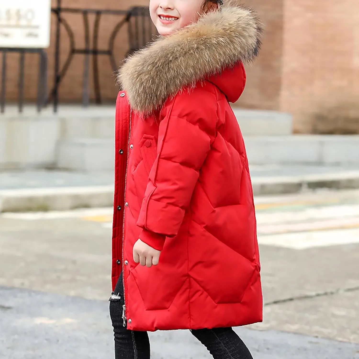Kids Winter Coat Boys Girls Warm Down Puffer Jacket with Furry Hood Parka Padded Jacket Windproof Outerwear