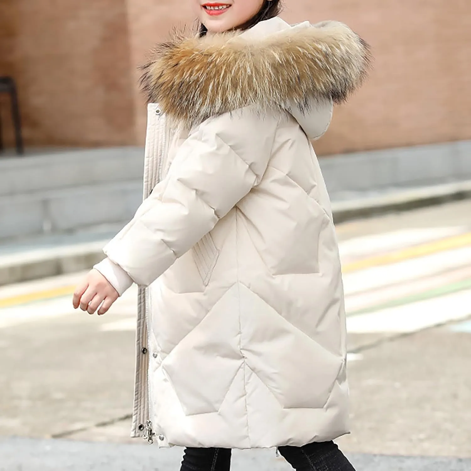 Kids Winter Coat Boys Girls Warm Down Puffer Jacket with Furry Hood Parka Padded Jacket Windproof Outerwear