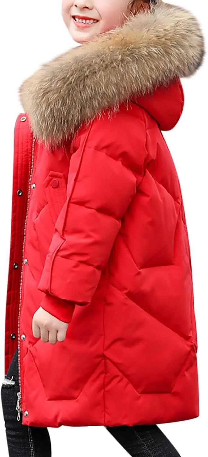 Kids Winter Coat Boys Girls Warm Down Puffer Jacket with Furry Hood Parka Padded Jacket Windproof Outerwear