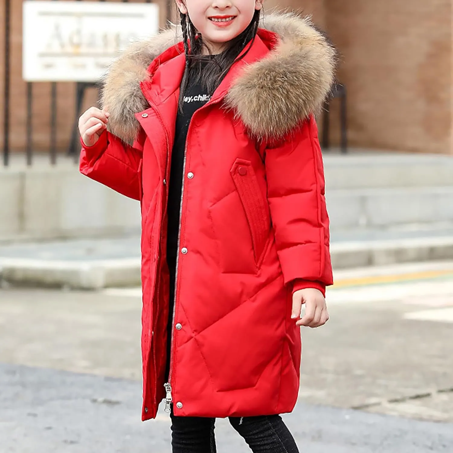 Kids Winter Coat Boys Girls Warm Down Puffer Jacket with Furry Hood Parka Padded Jacket Windproof Outerwear