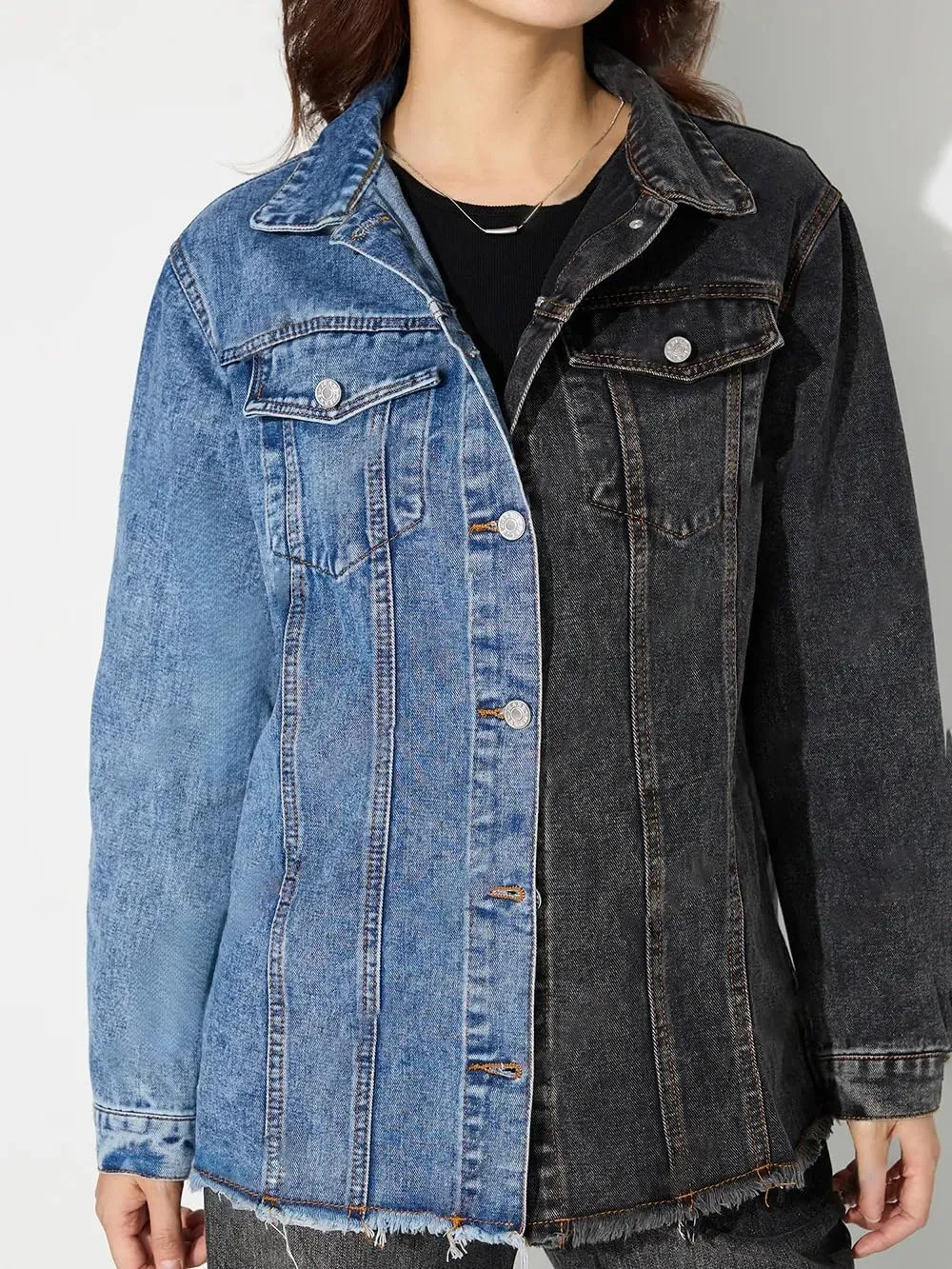 ksotutm Denim Jacket for Women Color Block Patchwork Denim Jacket Button Down Trendy Long Sleeve Jean Coat Jacket