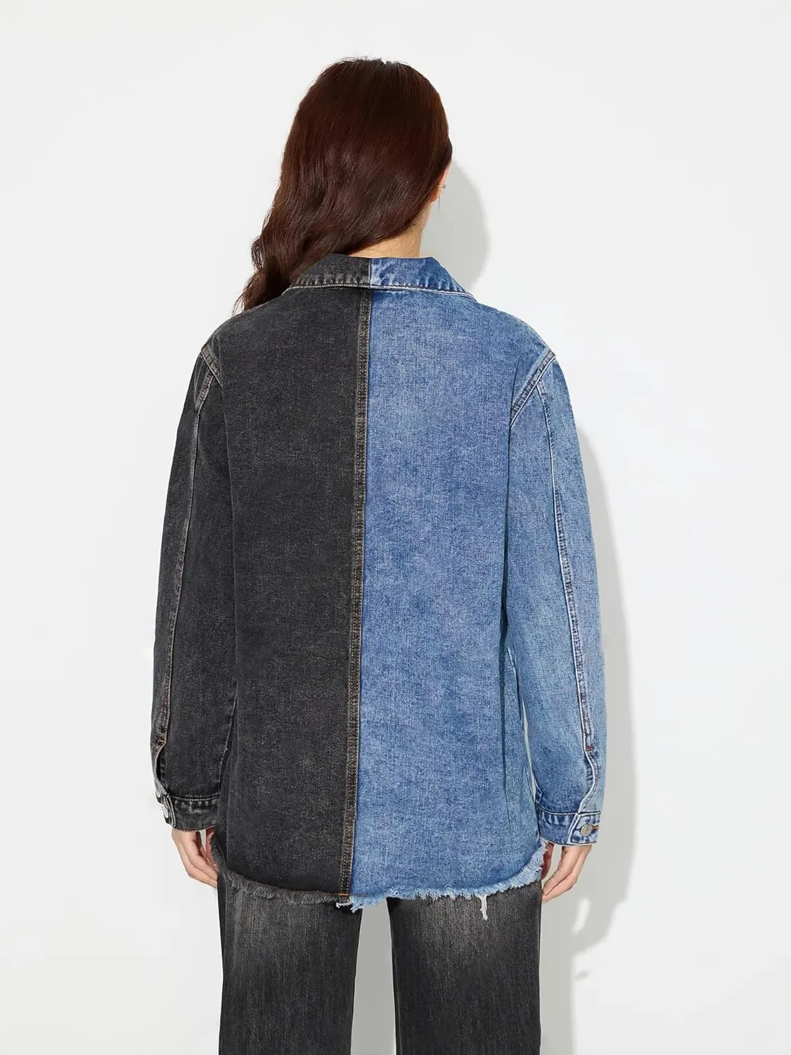 ksotutm Denim Jacket for Women Color Block Patchwork Denim Jacket Button Down Trendy Long Sleeve Jean Coat Jacket