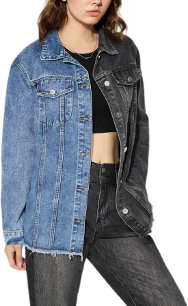 ksotutm Denim Jacket for Women Color Block Patchwork Denim Jacket Button Down Trendy Long Sleeve Jean Coat Jacket