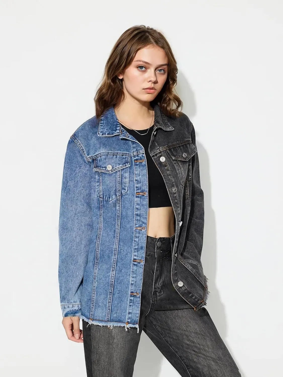 ksotutm Denim Jacket for Women Color Block Patchwork Denim Jacket Button Down Trendy Long Sleeve Jean Coat Jacket