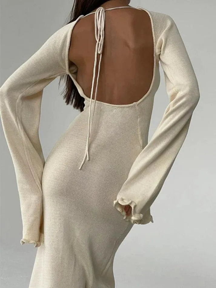 LANFUBEISI - Solid Color Fungus Backless Knit Maxi Dress