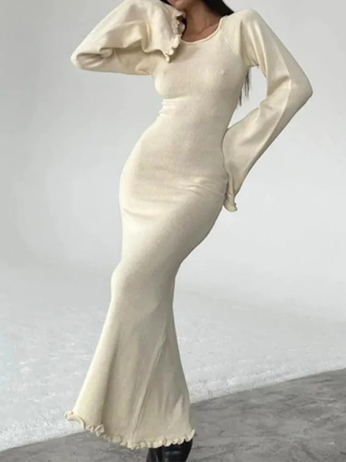 LANFUBEISI - Solid Color Fungus Backless Knit Maxi Dress